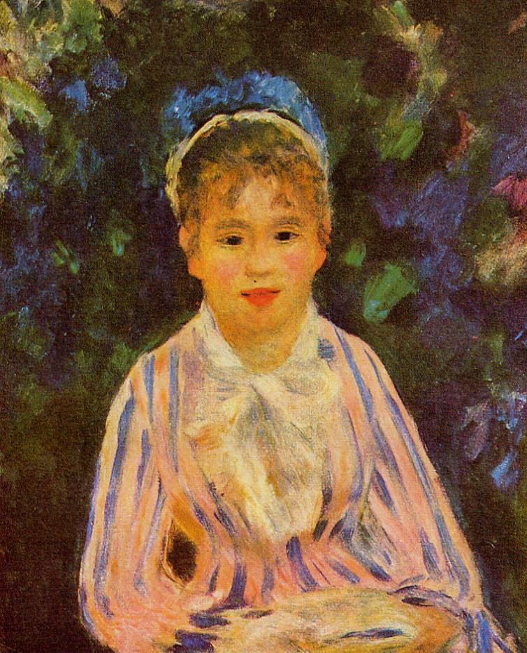 Young woman in a blue and pink striped shirt 1875